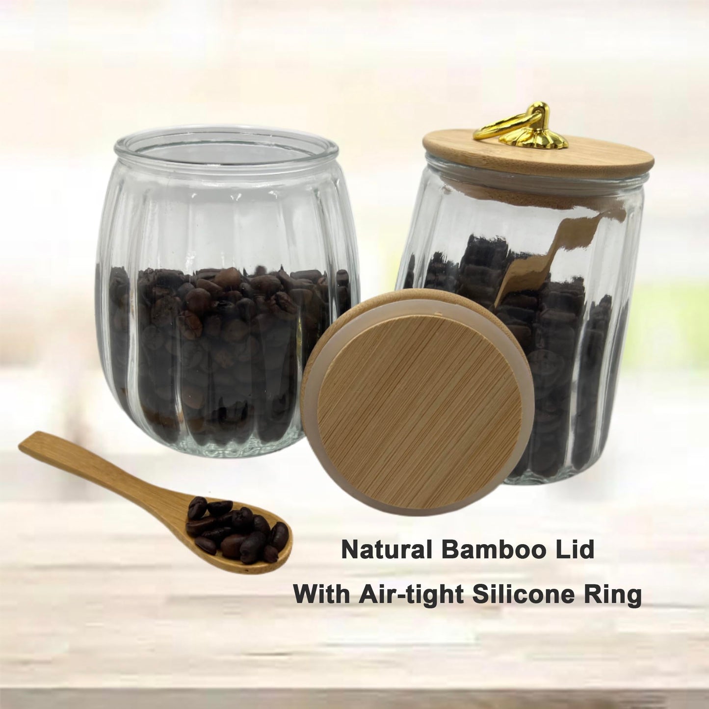 BEECO GIF2U Glass Airtight Storage Jars with Spoons,Bamboo Lid Canister for Foods,Decorative Container with Metal Handle Easy to Grasp 2Pack Oval