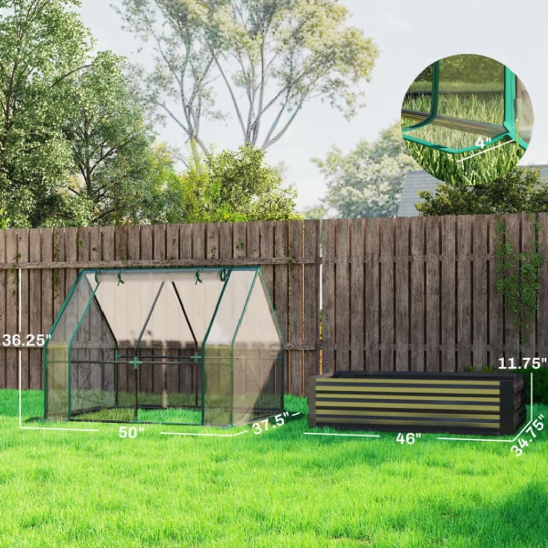 RLOZUI Metal Raised Garden Bed with Greenhouse Cover, 4.2x3.1x3FT Outdoor Galvanized Planter for Vegetables Flowers and Fruit