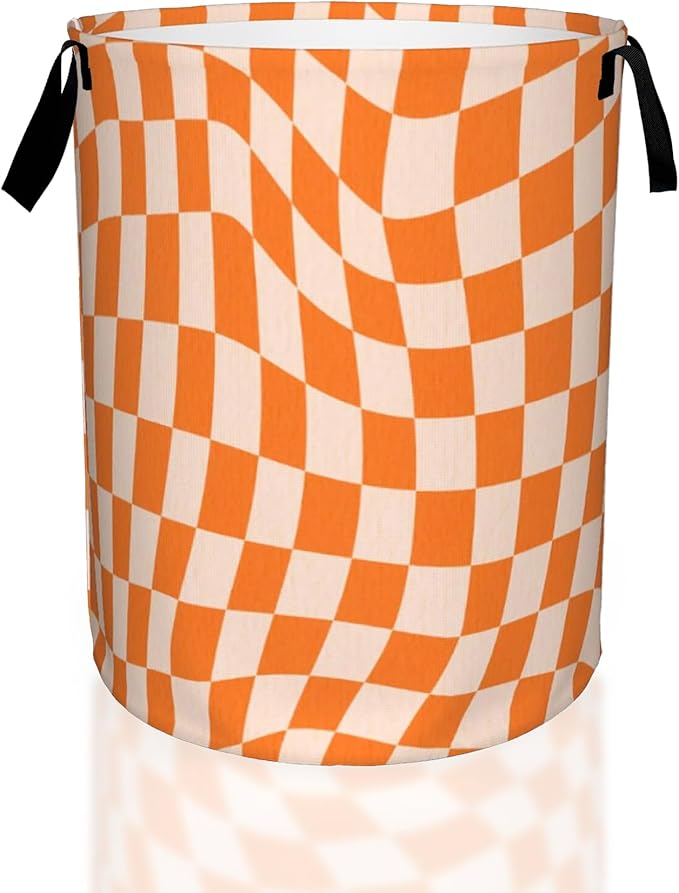 Groovy Retro Wavy Checkered Orange Laundry Basket, Waterproof Foldable Laundry