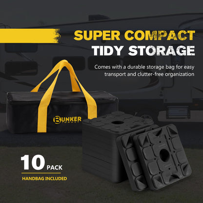 BUNKER INDUST RV Leveling Blocks/Stackable Jack Blocks, Interlocking Leveling Pads Wheels Stabilizer Blocks with Bag for Camper Trailer RVs, 10 Pack, Black