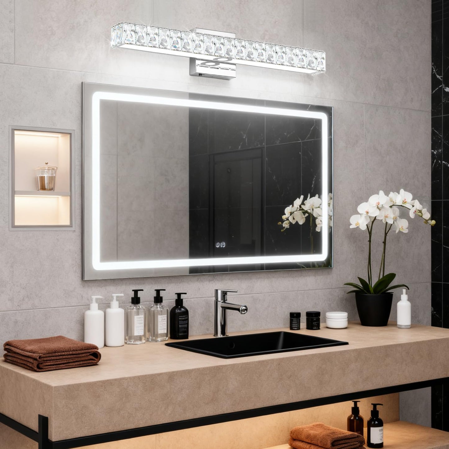 SOLFART Crystal Bathroom Lighting Fixtures Over Mirror, 24 Inch Chrome LED Vanity Light, 5 Color Adjustable 5CCT