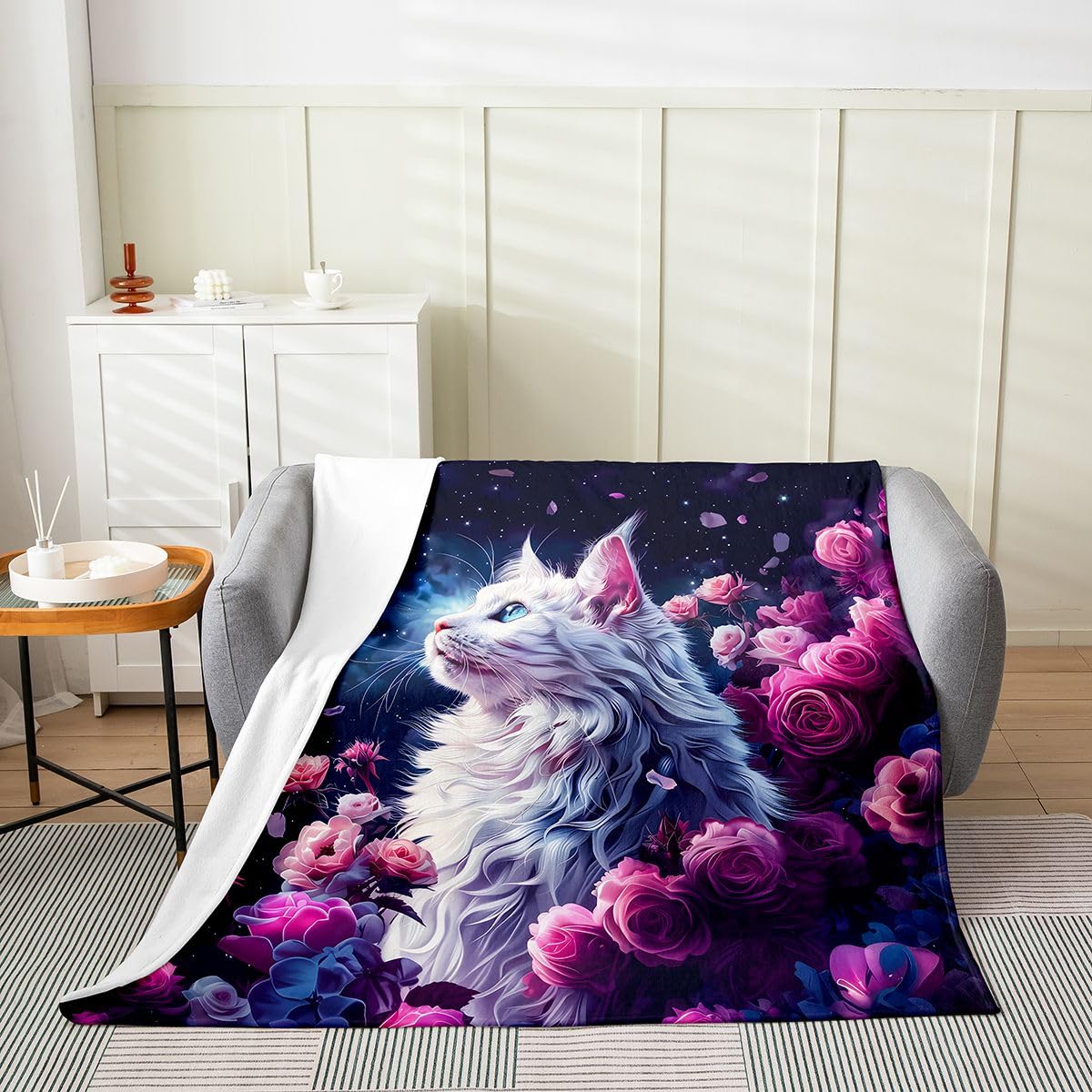 Feelyou Cat Plush Throw Blanket Halloween Themed Flannel Blanket Throw 50"x60" Trick or Treat All Season Cute Kitten for Couch Bed Sofa Scaredy Cat Bedroom Decor