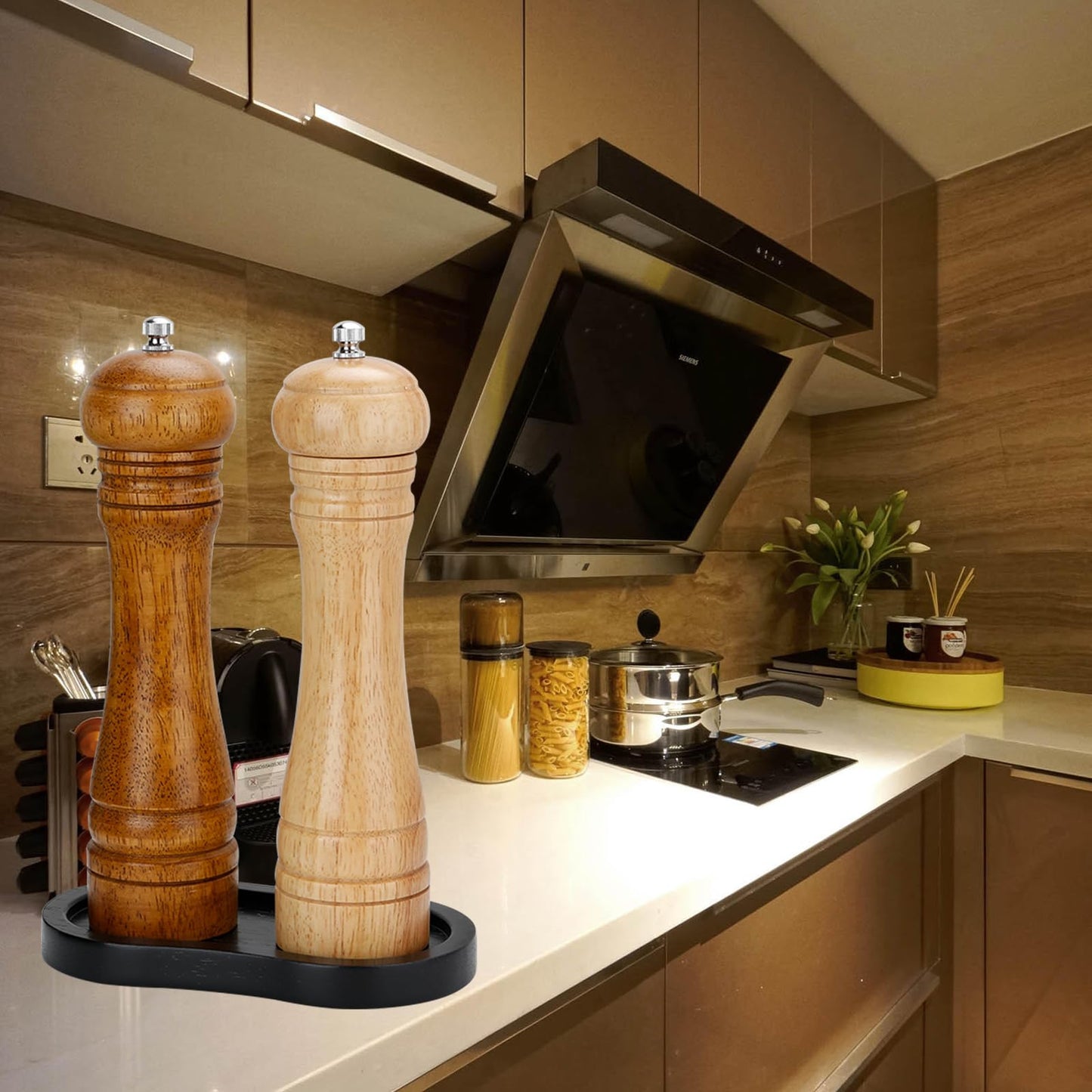 BINHAI Black Wooden Pepper Grinder Tray – Stylish Holder for Salt and Pepper Shakers – Countertop & Tabletop Protector for Kitchen & Dining (Mill Not Included)