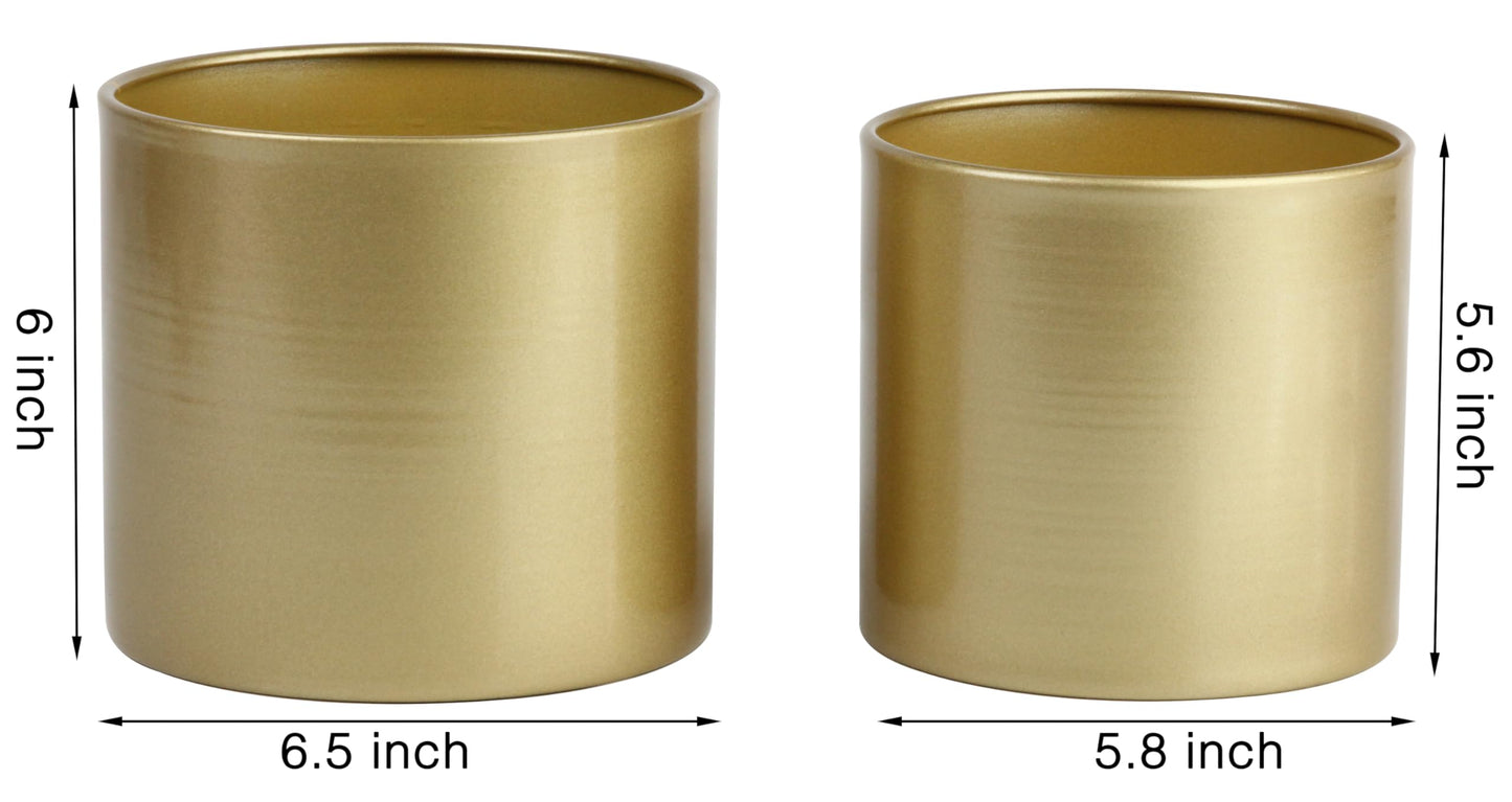 Vixdonos Metal Flower Pots Garden Planters Indoor Round Succulent Containers, Pack 2 Cactus Plant Pots with Drainage Hole (5.9inch+6.7inch, Gold)