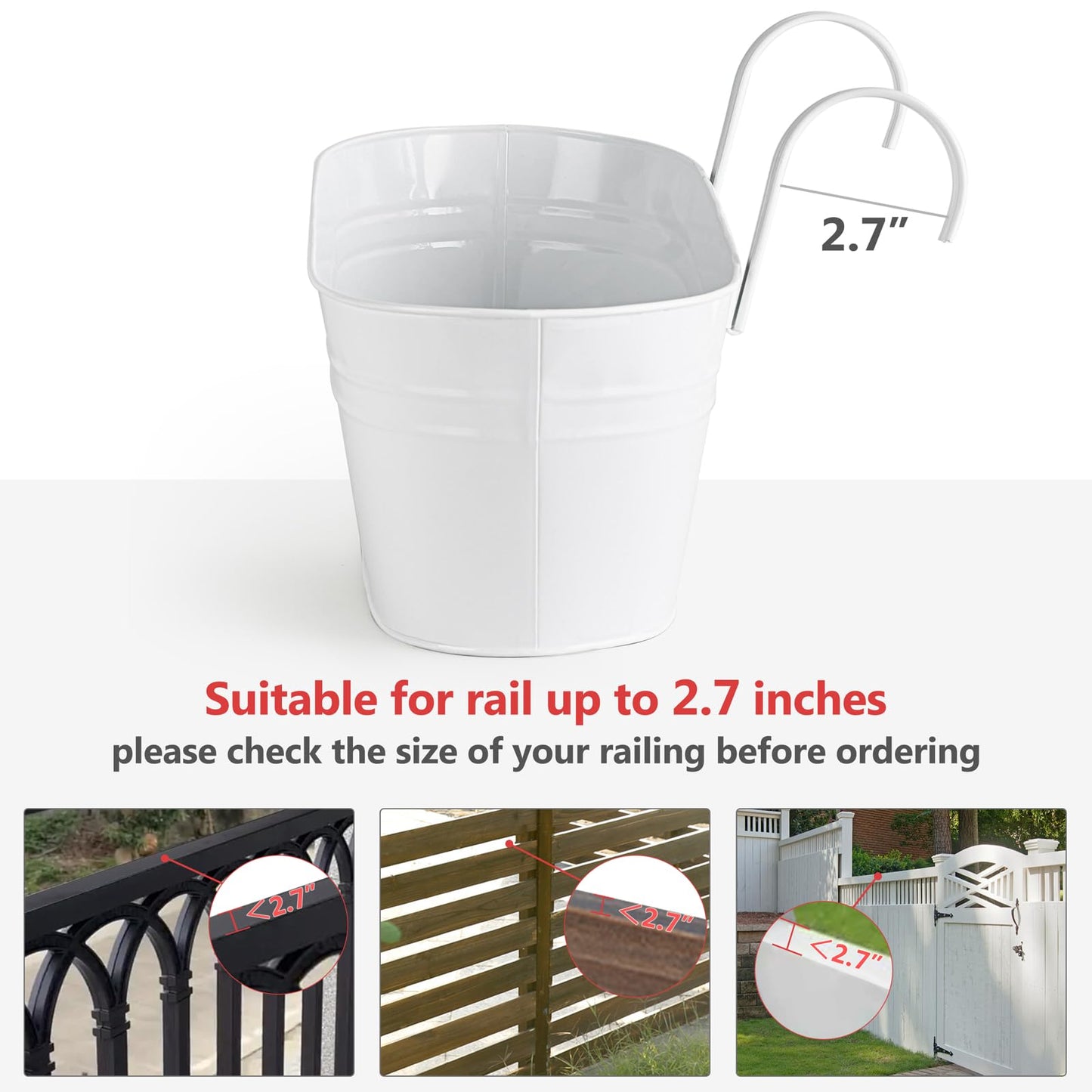 Dahey 3 Pcs Metal Iron Hanging Flower Pots for Railing Fence 15.7 Inch Hanging Bucket Pots Countryside Style Window Flower Plant Holder with Detachable Hooks for Garden Yard Home Decor, White