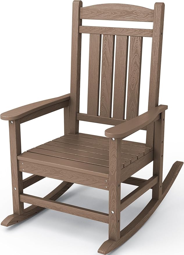 KINGYES HDPE Rocking Chairs Outdoor, Patio Rocking Chairs with 330lbs Support, Smooth Porch Rocker for Deck Lawn Yard, Brown