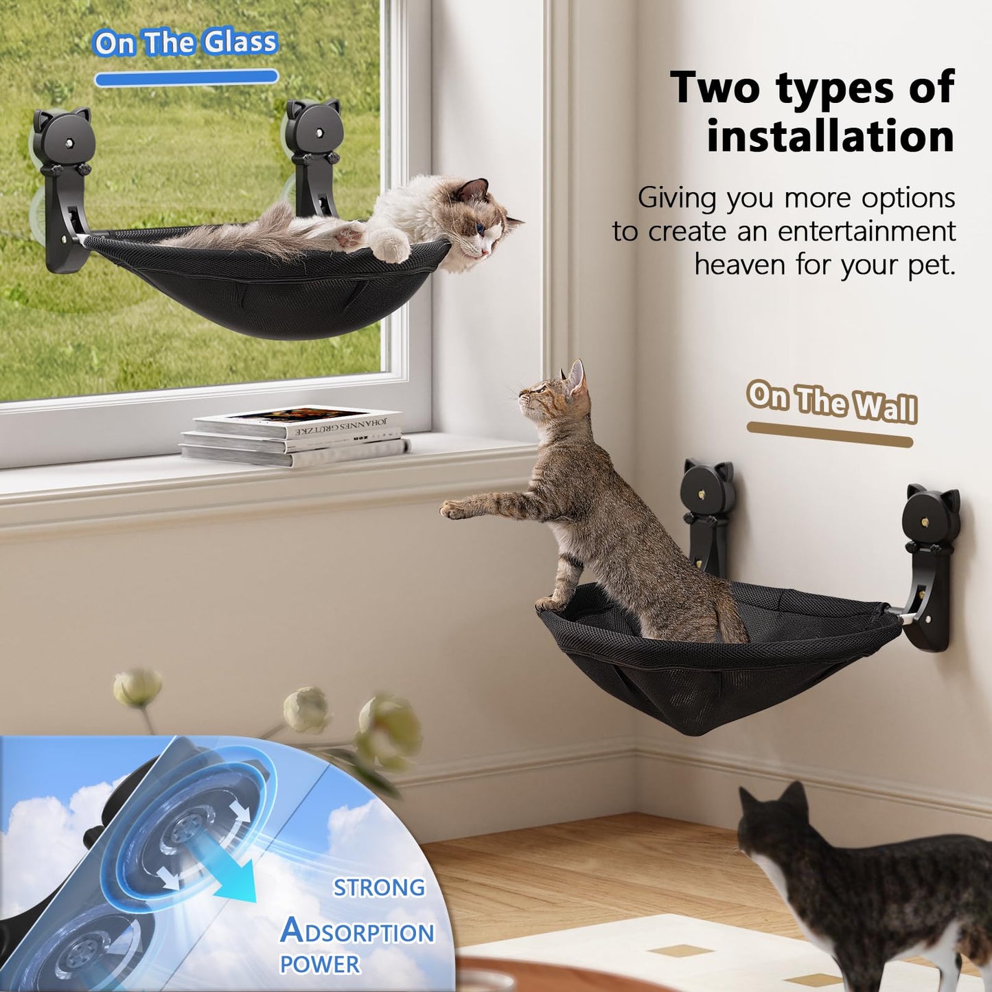 JUNSPOW Cat Window Perch Cordless, Foldable & Stable Kitten Beds- Breathable Cat Window Hammock for Overlooking, Sunbathing and Climbing - Maximum Hold Up to 40lb
