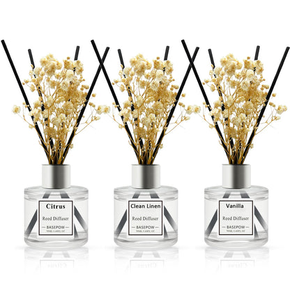 BASEPOW Reed Diffuser Set of 3 Pack,Clean Linen,Vanilla,Citrus Scented Oil Diffuser with 12 Sticks,Reed Diffuser for Home Living Room Office Bathroom Air Freshener,50ml x 3