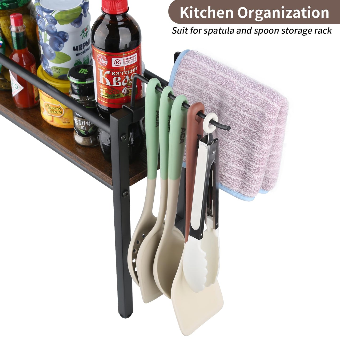 Meangood Spice Rack Shelf for Kitchen Stove, Over the Stove Shelf with 4 Hooks Extra Storage Countertop, Rustic Wood & Solid Metal Commbined Stove Shelf for Storage Seasoning, Easy to Assemble