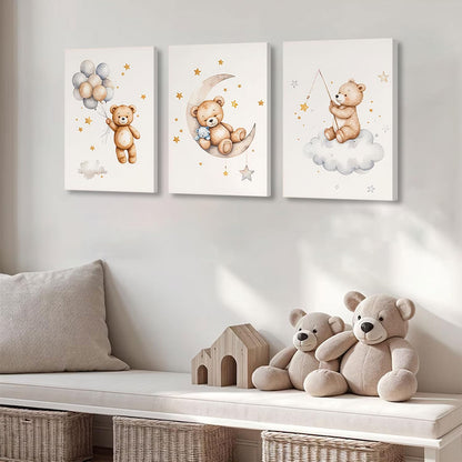 3 Pcs Framed Teddy Bear Nursery Canvas Wall Art Bear Sleeping on The Moon and Stars Wall Decor Pictures Balloon Cloud Neutral Poster Prints for Kids Baby Room Kindergarten Home Decoration 12x16in