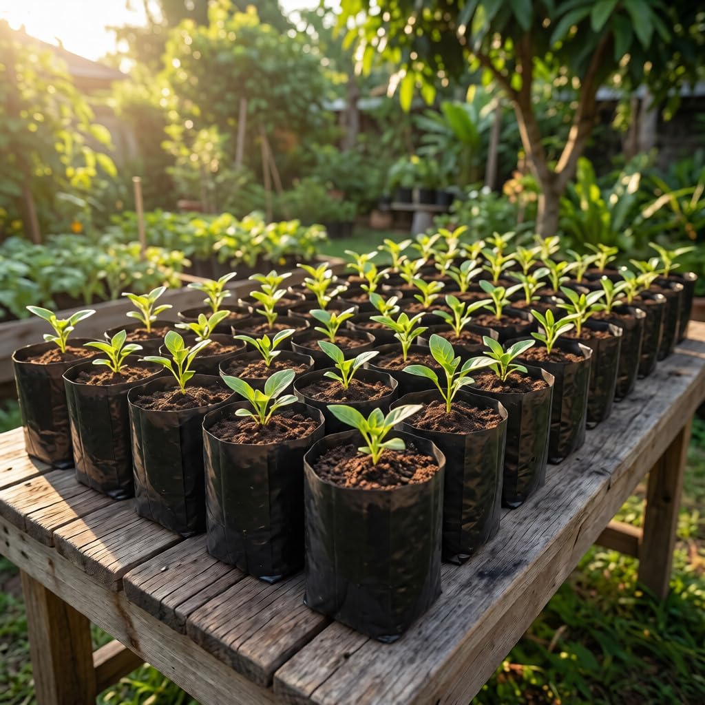 gardtree 100 Pcs Thicken Seedling Nursery Bags, 3.9" x 8" Deep Plastic Grow Bags with Drainage Holes, Heavy Duty Plant Starter Pots for Vegetables, Flowers, Succulents and Cuttings