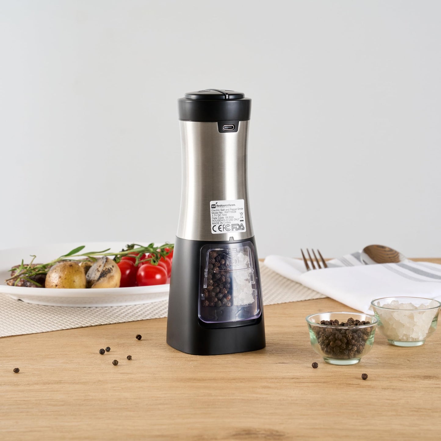Restaurantware Electric Salt And Pepper Grinder Set 1 Case 2.8 x 2.8 x 7.9 Inch Stainless Steel Cordless Spice Mill With Adjustable Coarseness And LED Light Black Finish
