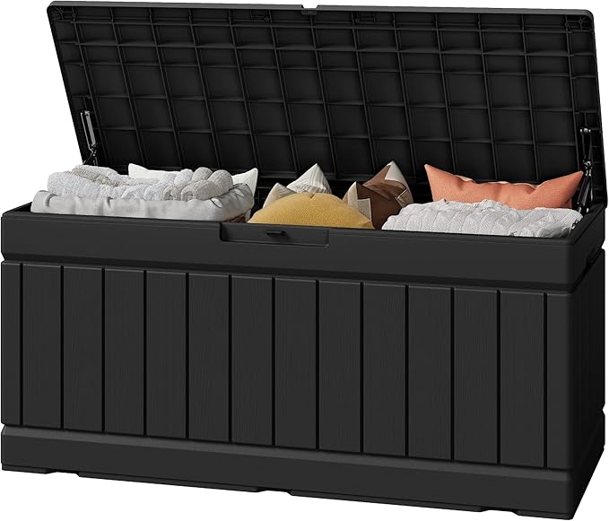 Greesum Outdoor Storage Box 82 Gallon Storage Bin with Lid for Patio Furniture, Garden Tools, Pool Supplies, Waterproof and UV Resistant, Lockable, Black
