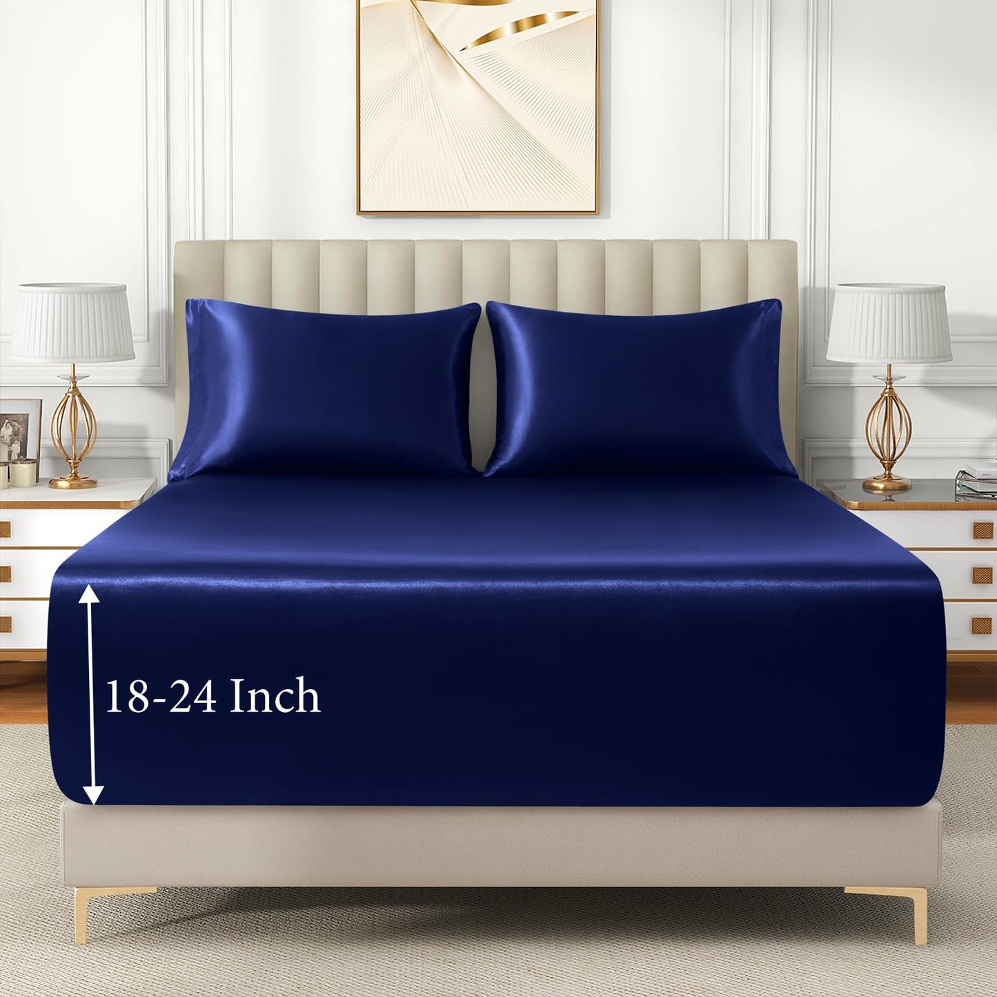 VACVELT 3pcs Extra Deep Pocket Satin Fitted Sheet Set King Bed Set, Navy Blue Bottom Sheet Fit 18-24 Inch Deep Pocket Mattress, Silky Bedding Set Soft & Ultra Deep Fitted Sheet + 2 Pillowcase