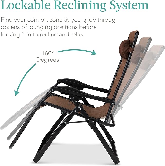 Best Choice Products Oversized Zero Gravity Chair, Folding Outdoor Patio Recliner, XL Anti Gravity Lounger w/Removable Cushion, Cup Holder, Side Tray, 350lb Capacity - Woodland Brown