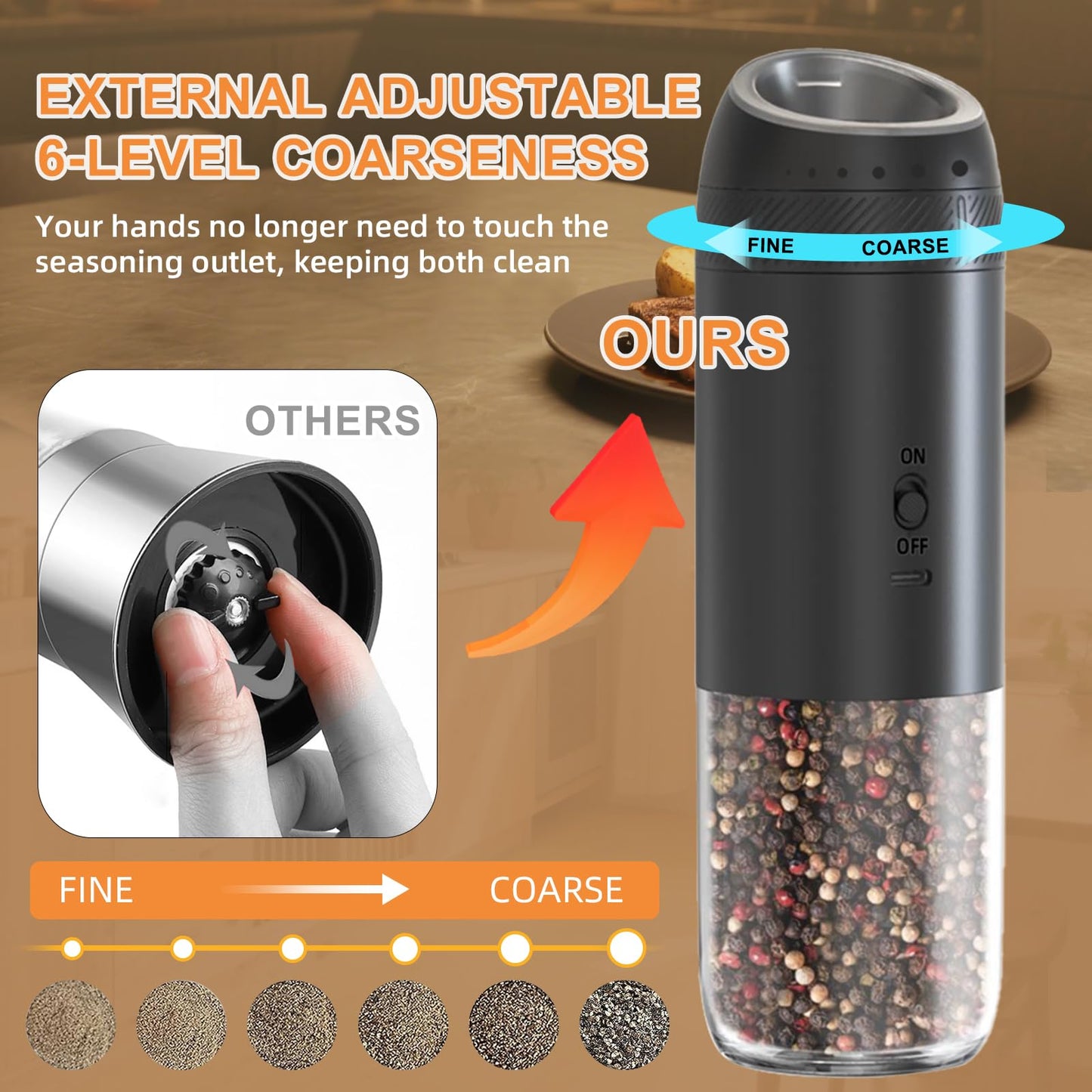 Gravity Electric Salt and Pepper Grinder Set Rechargeable, External Adjustable Coarseness, Automatic Salt and Pepper Shakers Mill with LED Light, 6oz/176ml Large Capacity, House Warming Gifts (1 Pack)