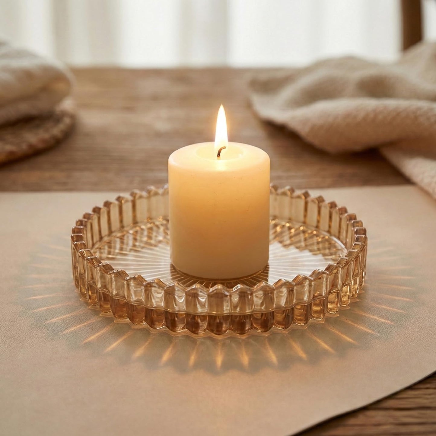 3PCS Amber Ribbed Glass Jewelry Tray, Coasters & Pillar Candle Holders
