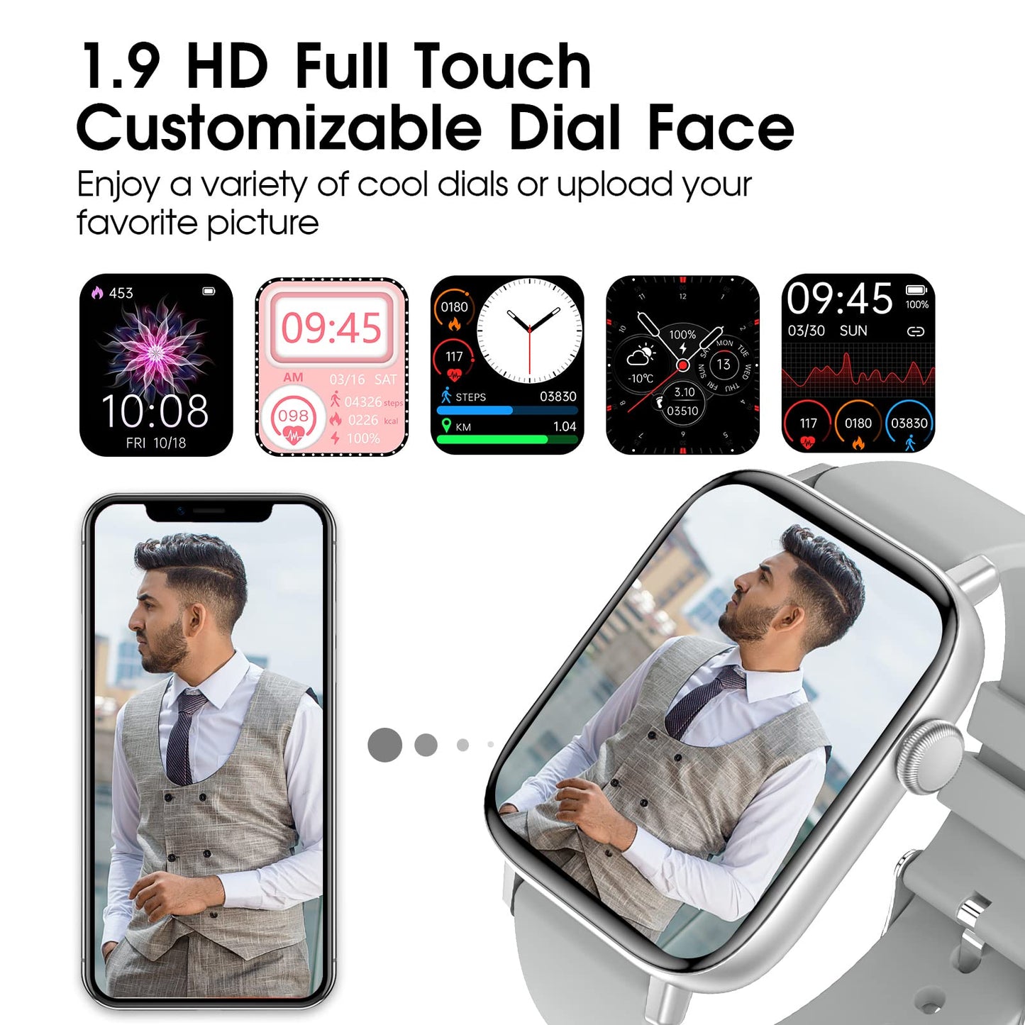 Smart Watch for iPhone/Android Phones (Answer/Make Calls) - 1.9" HD Screen Fitness Tracker : Heart Rate/Sleep Monitor/Pedometer/Calories, Multiple Sports Modes, Waterproof SmartWatch for Men Women