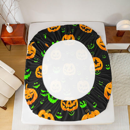 Halloween Fitted Sheet Set 4 Pieces Full Size, Holiday Theme Yellow Pumpkin Lantern and Green Gothic Sheet Set for Children Present, Bedding Set & 1 Flat Sheet & 2 Pillowcases