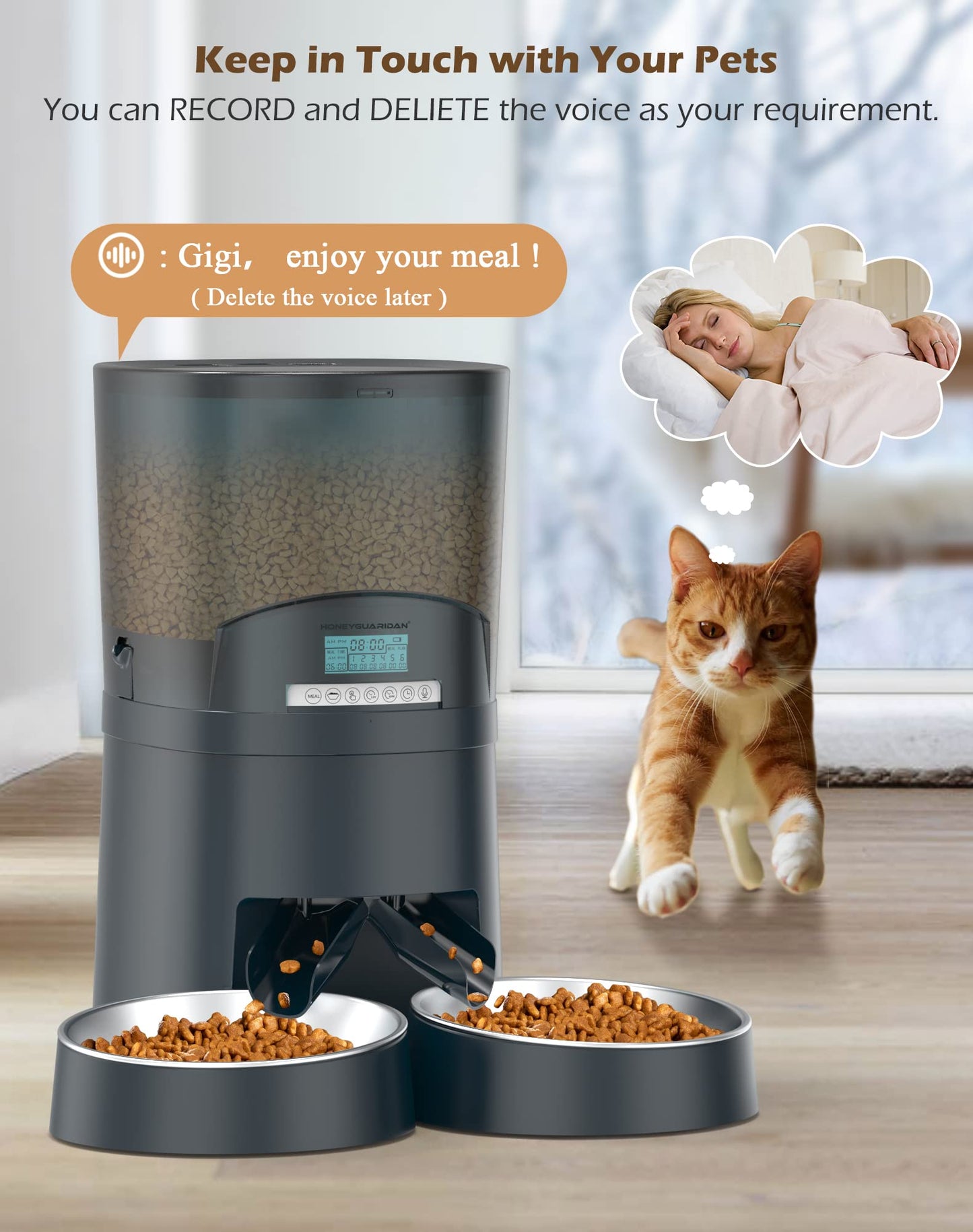 HoneyGuaridan 6.5L Automatic Cat Feeder, 2.4G Wi-Fi Smart Pet Feeder with APP Control, Desiccant Bag, Voice Recorder and Dual Power Supply, Up to 6 Meals Per Day for Cats & Small/Medium Dogs (Blue)