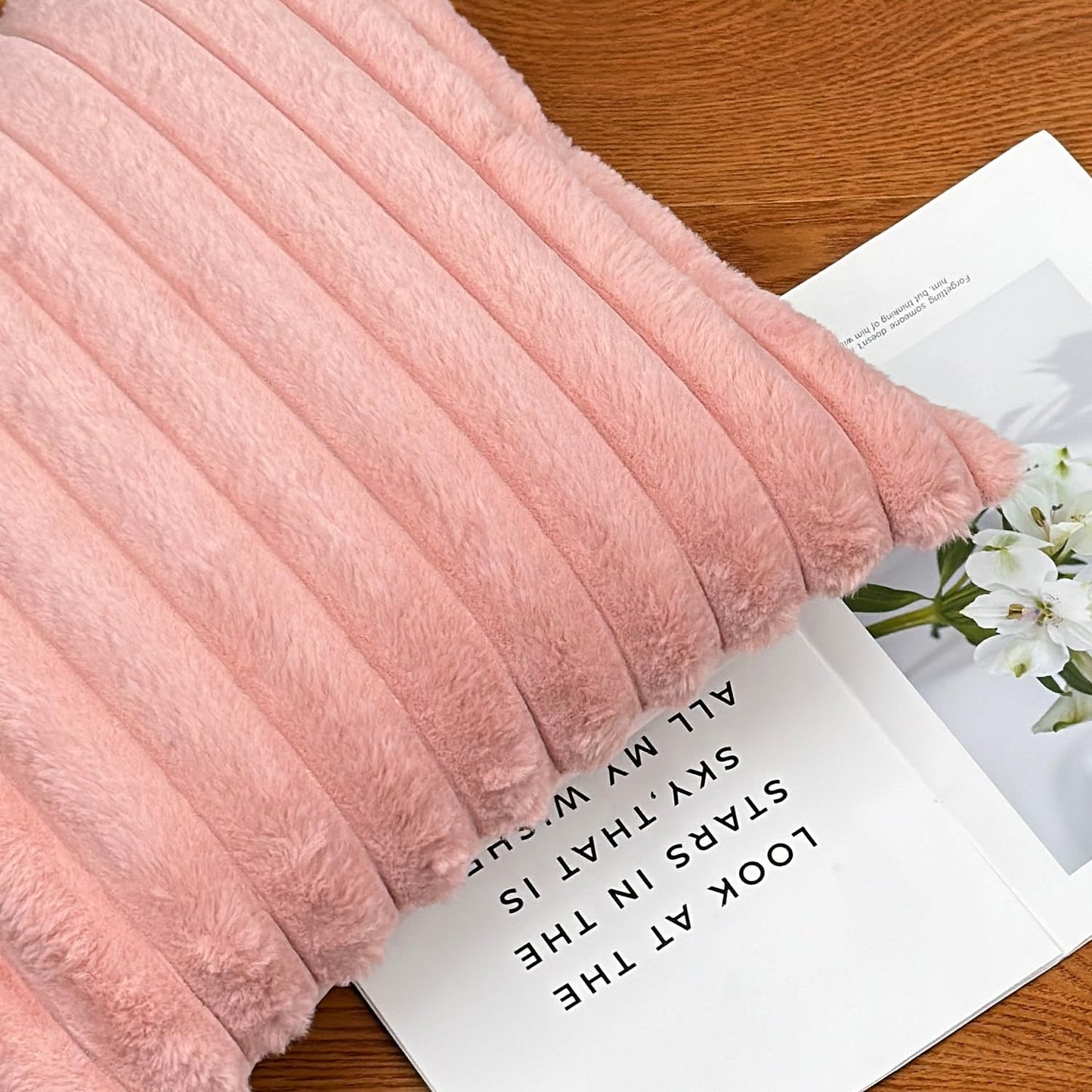 18x18 Throw Pillow Covers Set of 2, Decorative Faux Fur Covers for Bed, Couch Soft Fluffy Pillow Cover with Velvet Back for Living Room, Neutral Home Décor Accent for Sofa - Pink