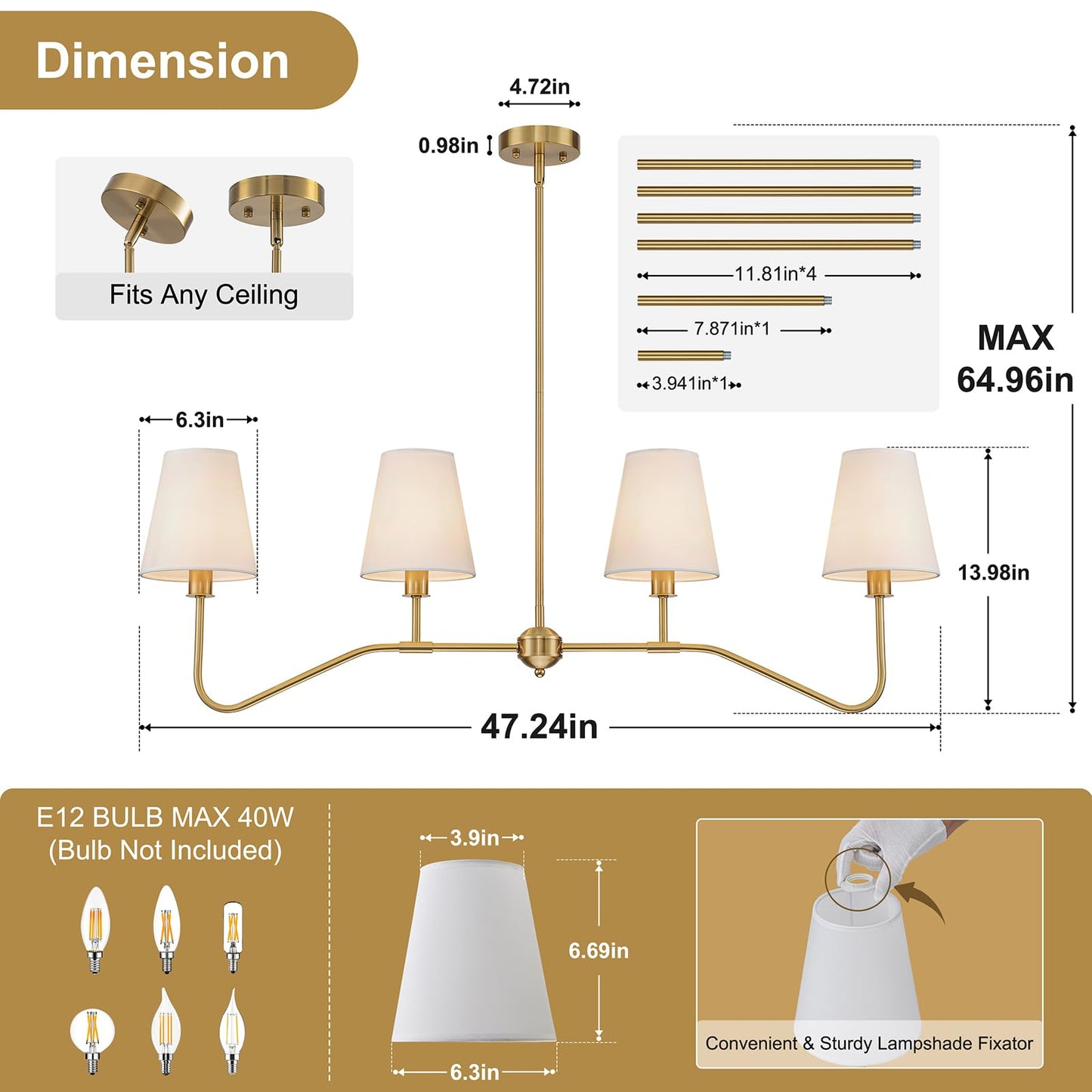 2-Pack Brass Gold Chandeliers Set, 6-Light Modern Fabric Shade Chandelier and 4-Light Linear Kitchen Island Lighting, Antique Classic Hanging Light Fixtures for Dining Room, Living Room Kitchen