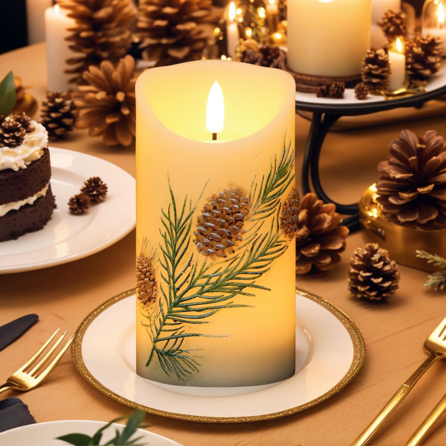 Eldnacele Christmas Flameless Candles with 6 Hour Timer, Battery Operated Hand Painted Pine Cone Real Wax 3D Wick Flickering LED Pillar Candles for Dinner Indoor Holiday Xmas Decor(2Pcs, D3×H5.7)
