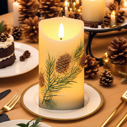 Eldnacele Christmas Flameless Candles with 6 Hour Timer, Battery Operated Hand Painted Pine Cone Real Wax 3D Wick Flickering LED Pillar Candles for Dinner Indoor Holiday Xmas Decor(2Pcs, D3×H5.7)