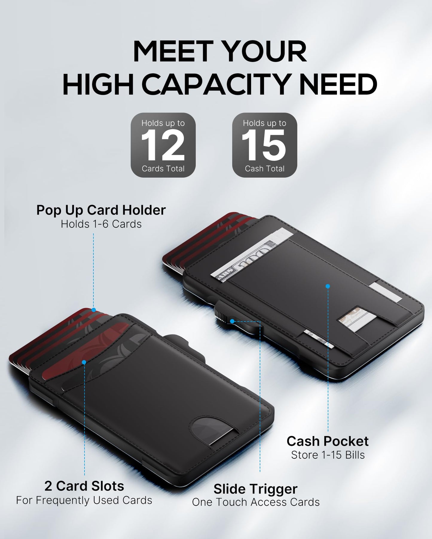 Taykos Minimalist Mens Wallet Card Holder: Pop Up Card Case, Genuine Leather, Smart, RFID Blocking, Slim, Thin, Front Pocket, Gift Box - 9-12 Card Capacitiy, Cash Pocket (Black)