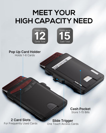 Taykos Minimalist Mens Wallet Card Holder: Pop Up Card Case, Genuine Leather, Smart, RFID Blocking, Slim, Thin, Front Pocket, Gift Box - 9-12 Card Capacitiy, Cash Pocket (Black)