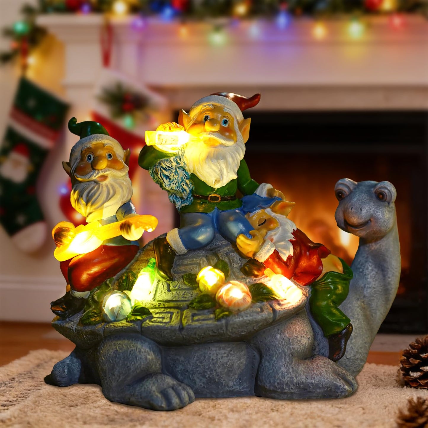 NATASE Solar Garden Outdoor Statues Gnome Turtle Three Gnomes Having Party on Turtle with 7 LED Lawn Decor Outside Decorations for Patio, Balcony, Yard Ornament Unique Garden Gift