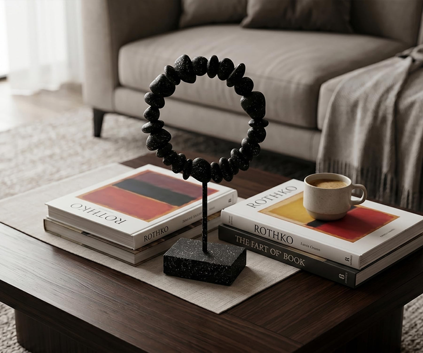 Modern Stone-Look Stone Sculpture Decor, Abstract Stone Resin Statue, Handmade Minimalist Stone Statue Home Decor Accent for Living Room, Shelf, Office, Coffee Table (Black - Small)