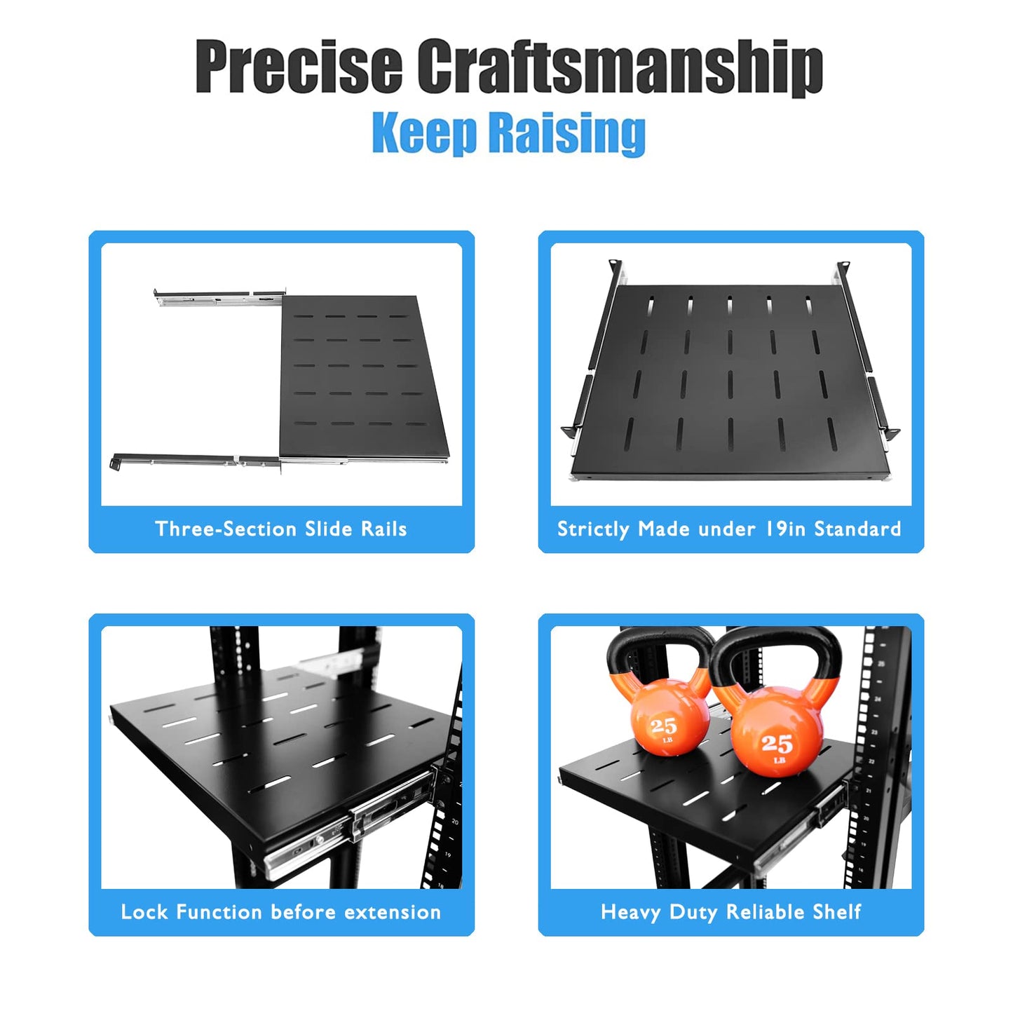 Raising Electronics Sliding Rack Server Shelf 1U 19'' 4 Post Rack Mount-Adjustable 15''-22''