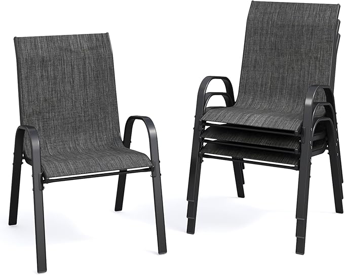 Patio Dining Chairs Set of 4, Stackable Dining Chairs High Back, Breathable Seat Fabric and Alloy Steel Frame Fit Backyard, Porch, Lawn，Poolside (Dark Grey)