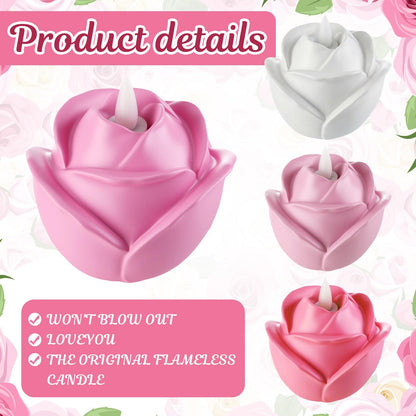 Bucherry 4 Pcs Rose Flameless Candle Light 3.5" LED Resin Pink Rose Flower Tealight Candle Battery Operated Rosebud Flickering Tea Light for Wedding Party Teacher Gifts Home Table Decor