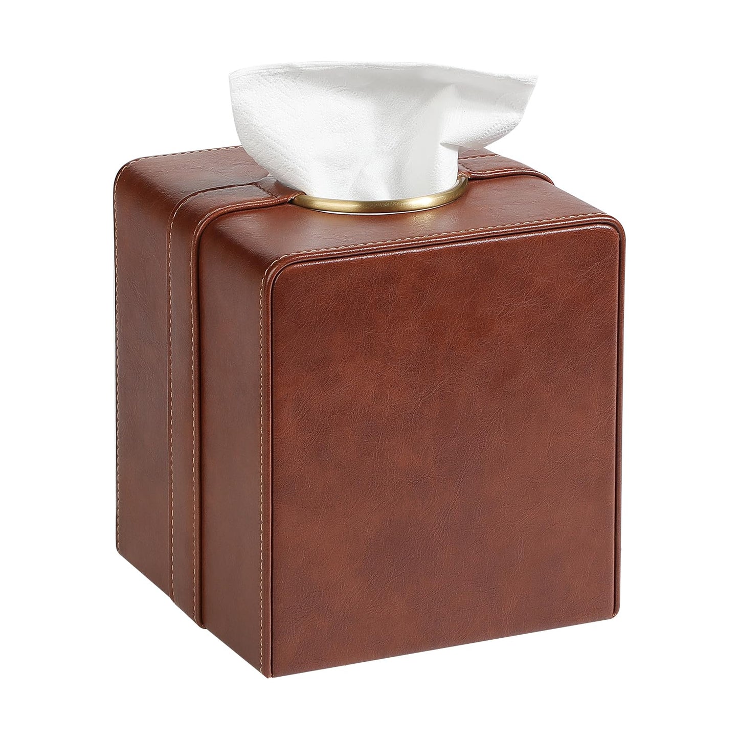 Cretkhp Luxury Square Tissue Box Cover, PU Leather Tissue Box Holder with Magnetic Closure and Gold Decorative Grommets for Bathroom Bedroom, Decorative Elegant Cube Tissue Holder (Brown)