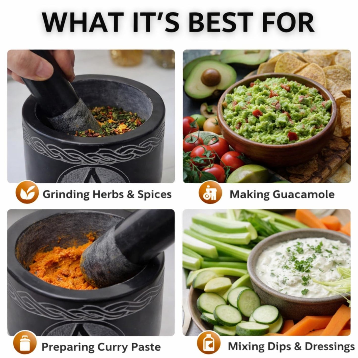 KC KULLICRAFT Mortar and Pestle Set Unique - Black Pestle and Mortar Bowl Solid Stone Grinder for Herbs Spice Guacamole Garlic Ginger Root
