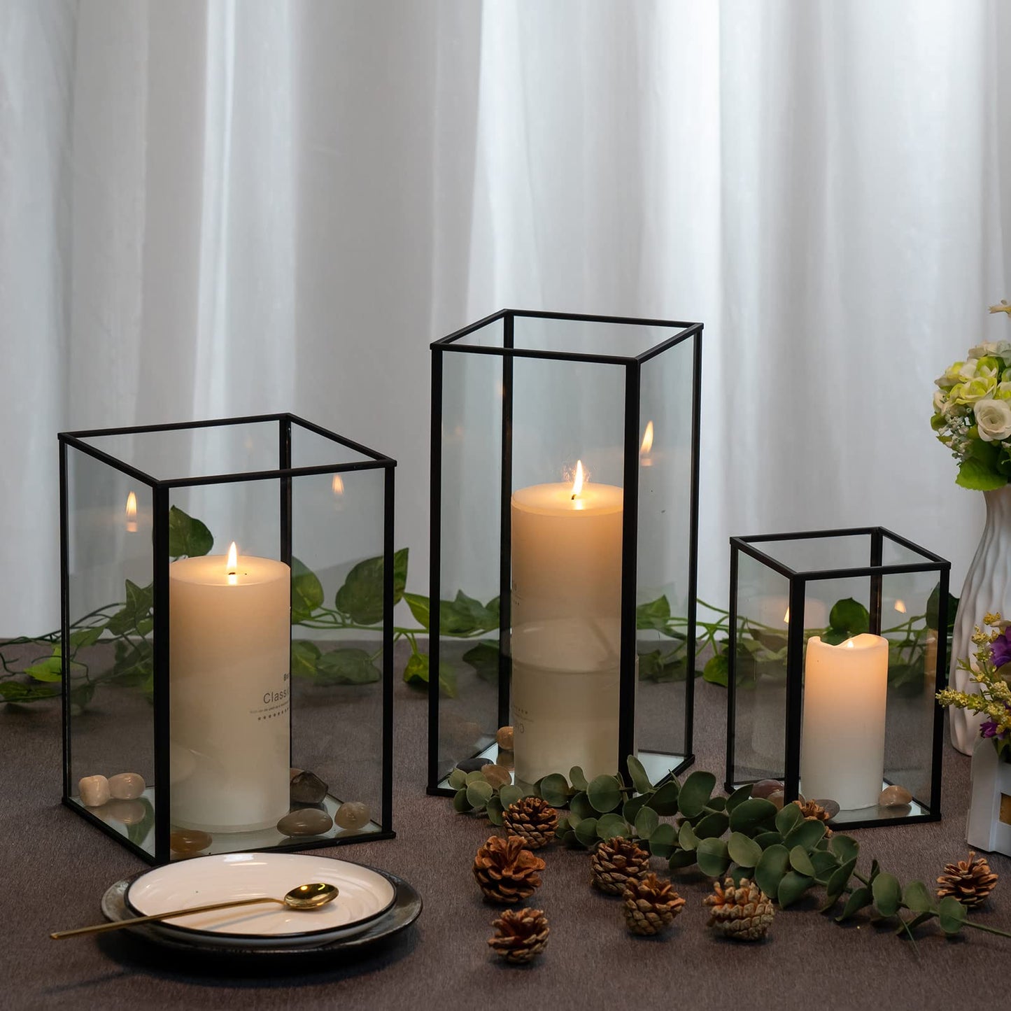Phosphor Large Glass Hurricane Candle Holder Set of 3 PCS Black Glass Candle Holder for Thankgiving Wedding Party Holiday