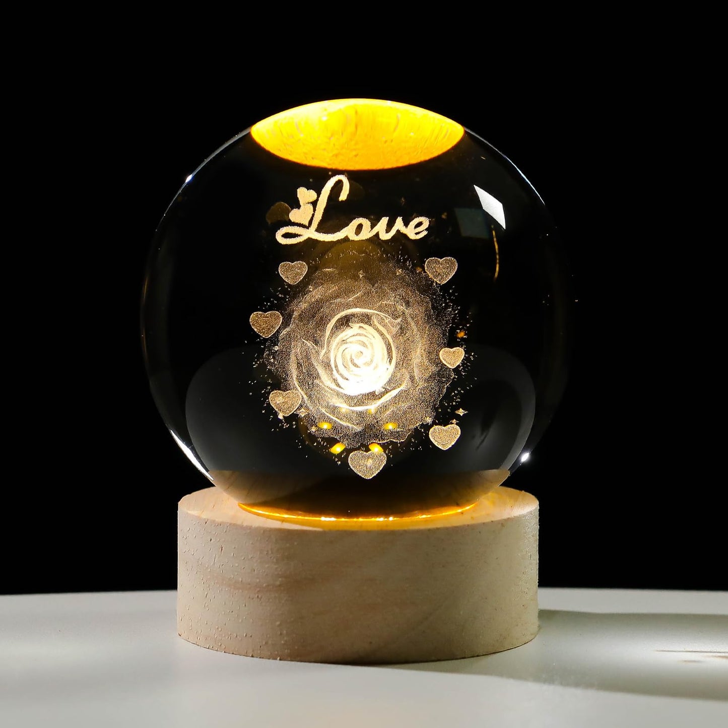 Arikyrist 3D Rose Crystal Ball Gift for Girlfriend, Laser Engraved Rose Flower Glass Sphere Home Decor, Crystal Ball Night Light with Wooden Light Base