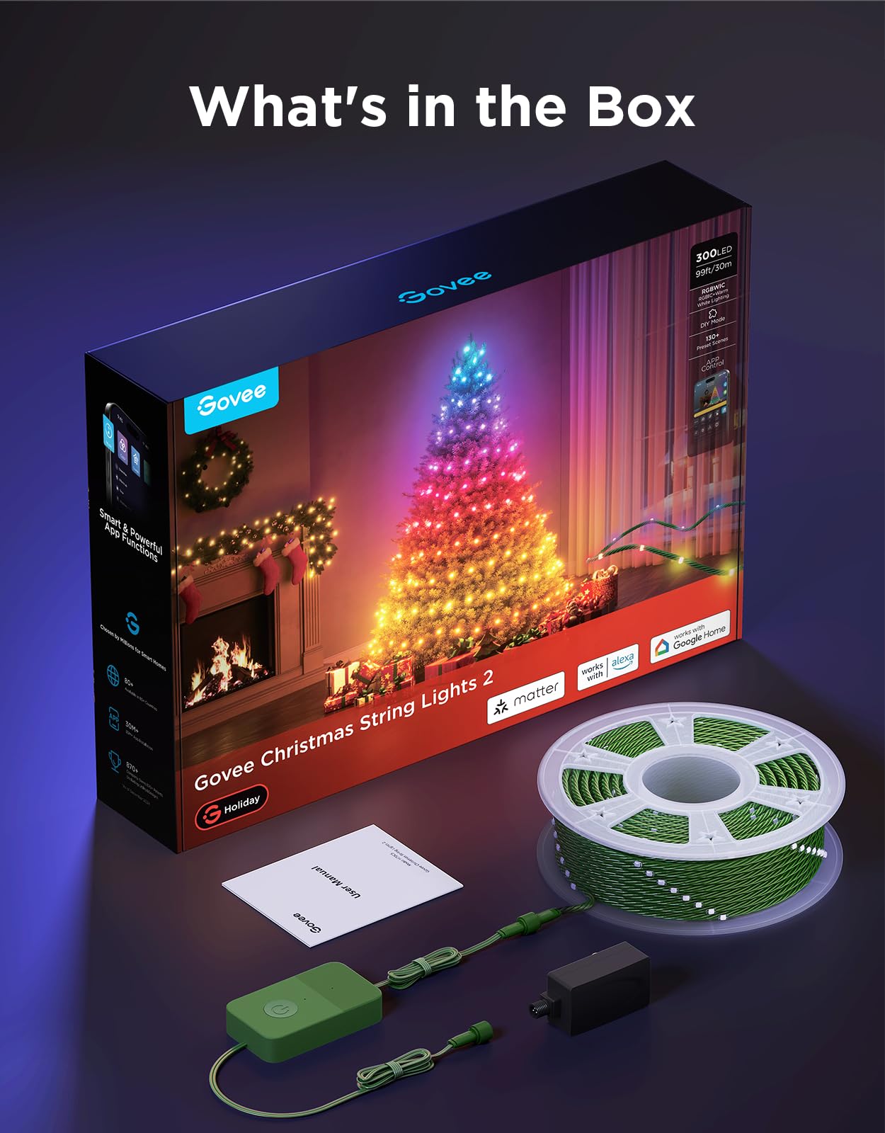 Govee Christmas Lights 2, RGBWIC 99FT 300LEDs Holiday String Lights with Shape Mapping Function, Smart LED Decoration for Indoor Outdoor Tree, 130+ Preset Scenes, Voice and APP Control, Green Wire