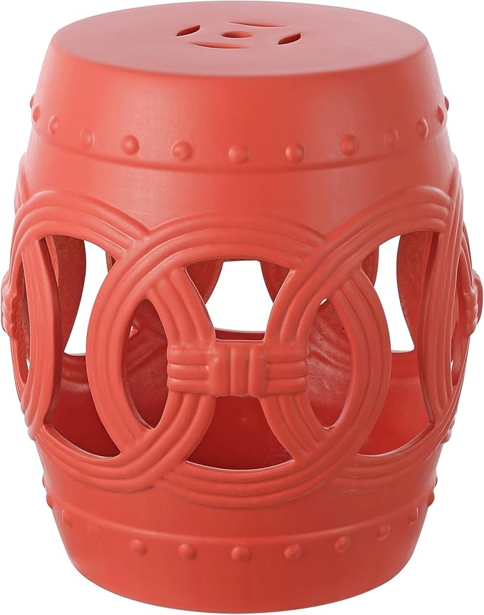 JONATHAN Y TBL1022G Lucky Coins 16" Chinese Ceramic Drum Indoor/Outdoor Garden Stool Bohemian, Coastal, Cottage, French Country, Traditional, for Living Room, Garden Room, Patio, Matte Coral