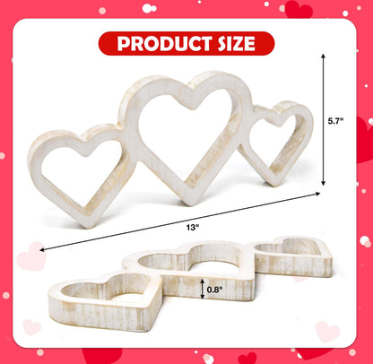 Gift Boutique Valentine's Day White Rustic Triple Heart Shaped Sign Decor Love Hearts Wooden Cutout Wall Table Tiered Tray Centerpiece Home Decoration