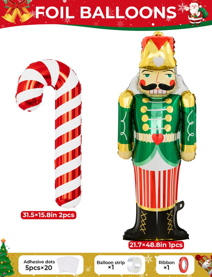 Adeyoo Christmas Balloon Arch Kit Garland - Red Green Gold Christma Balloons with Nutcracker Candy Cane Exploding Star Foil Balloons Xmas Balloon for Xmas Birthday New Year Party Decorations