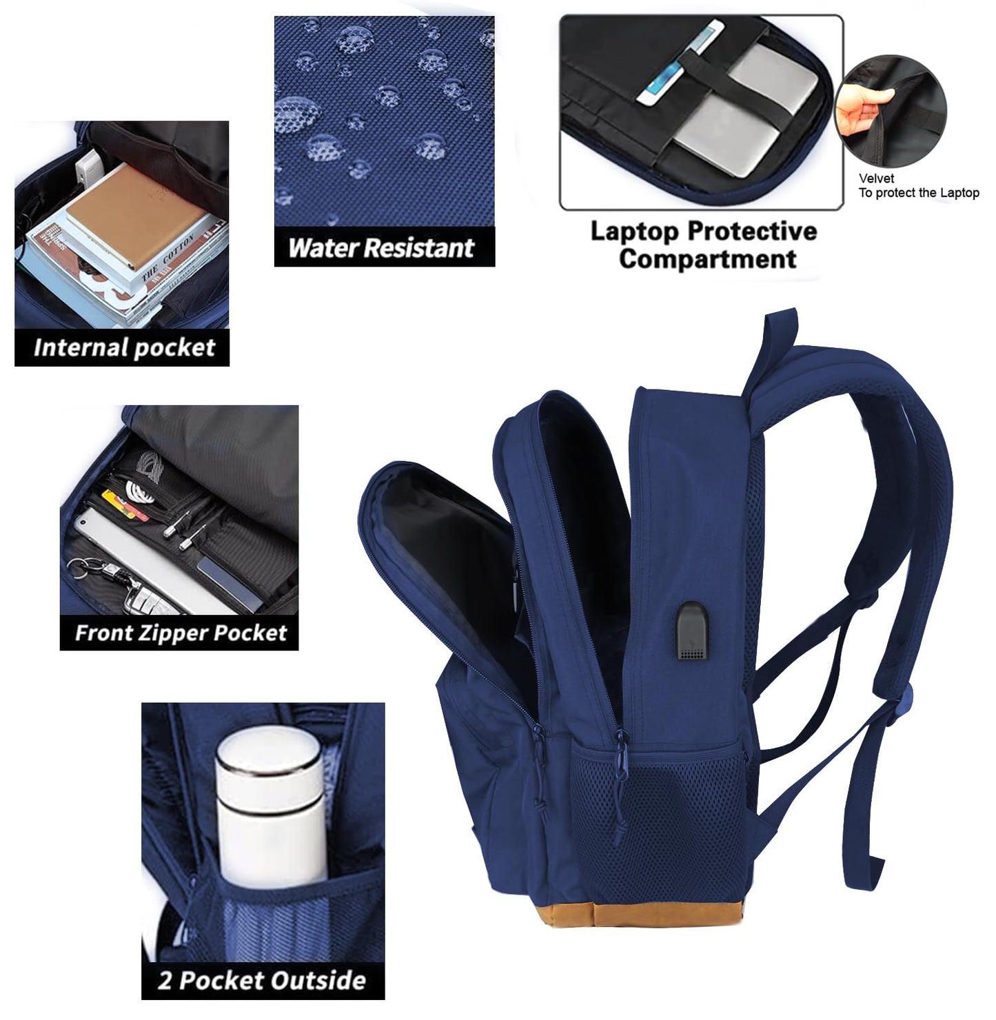 KEOFID Classic School Backpack for Boys and Girls Teenager, Travel Bag for Men and Women, Anti theft laptop Backpack with USB Charging Port for College(Blue 19inches)
