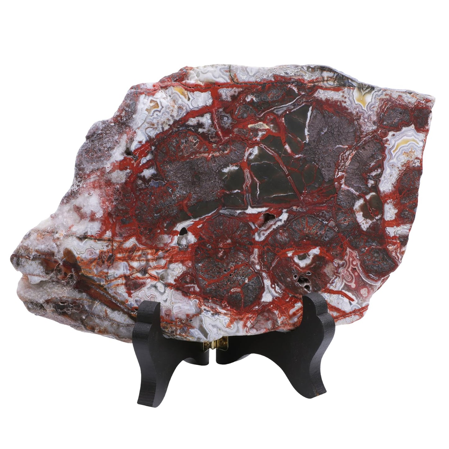 Rockcloud Natural Mexican Agate Slab with Wooden Stand, Irregular Agate Slice Specimen for Home Office Table Display, 0.44-0.66 lb