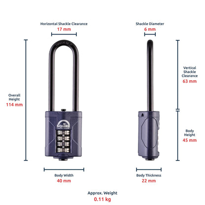 Squire Heavy Duty Padlock (CP40/2.5) - Toughest Extra Long Shackle - 4 Wheel Combination Padlock - Alloy Steel for Corrosion Resistance - Weatherproof Lock for Home, School & Shed (Blue, 40 mm)