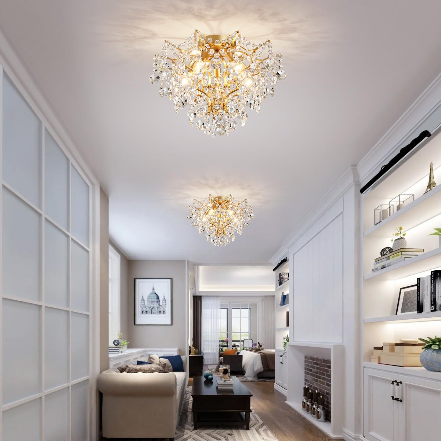 WUZUPS 5-Light Crystal Chandelier Flushmount Ceiling Light Modern Lighting Fixture for Bedroom Hallway Bar Kitchen Bathroom, H 12" W 15.4", E12 Base, Gold