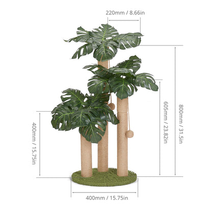 31.5Inch Cat Scratching Post,Cat Scratcher Tree with 3 Scratching Poles & 2 Interactive Dangling Balls,Cats Scratching Posts for Indoor Kitten & Adult Cats (Monstera tree)