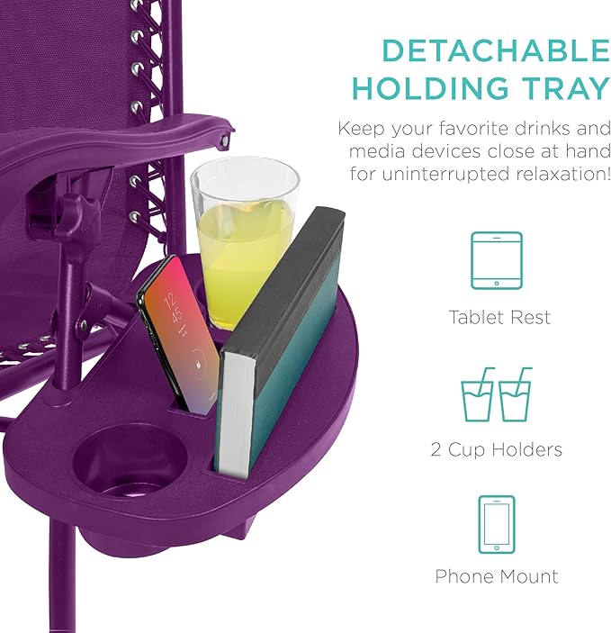 Best Choice Products Set of 2 Adjustable Steel Mesh Zero Gravity Lounge Chair Recliners w/Pillows and Cup Holder Trays - Amethyst