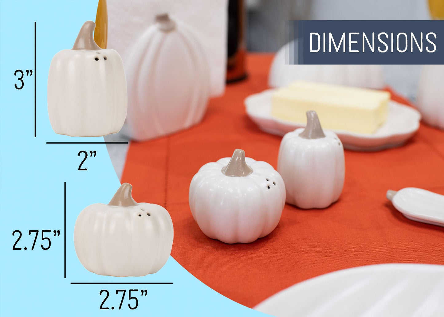 Nat & Jules Mini Pumpkin Shaped 3 Inch Ceramic Salt and Pepper Shakers: Perfect for Thanksgiving, Halloween & Indoor Fall Décor - Set of 2, White